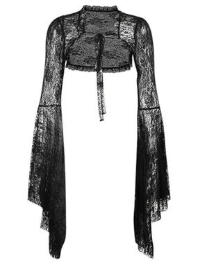 Gothic Shrug Black Sheer Floral Lace Crop Top Y2K See Through Cardigan